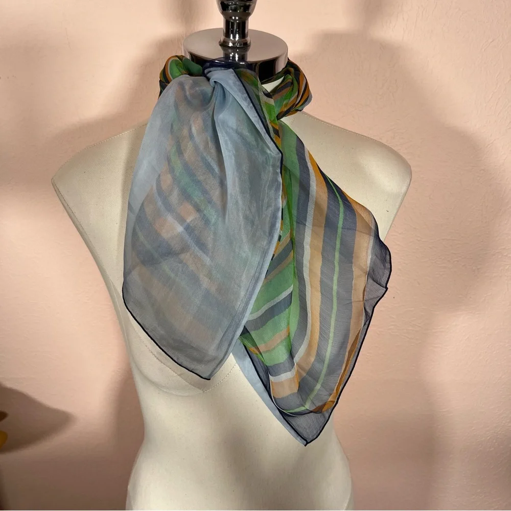 Vintage semi sheer striped Mod Green Blue Square Neck Scarf